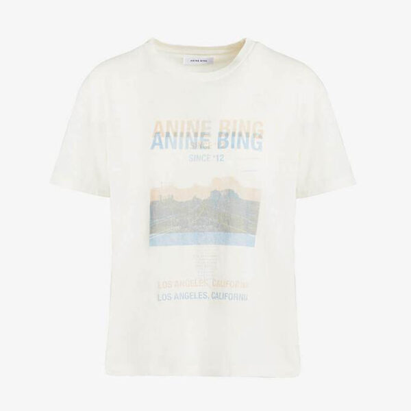White t-shirt with blurred desert road print and logo