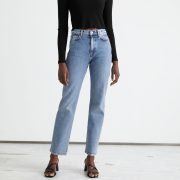 blue straight cut jeans cropped and a black tee