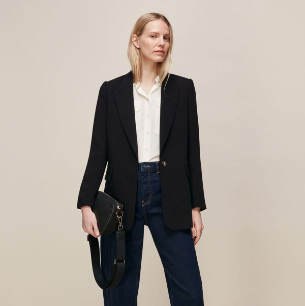 Outfit is a Whistles black boyfriend blazer, jeans and a white shirt