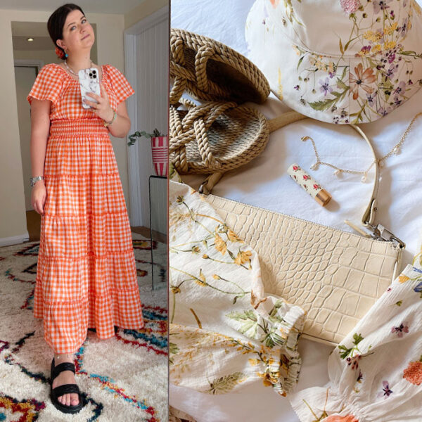 orange gingham dress and summer accessories