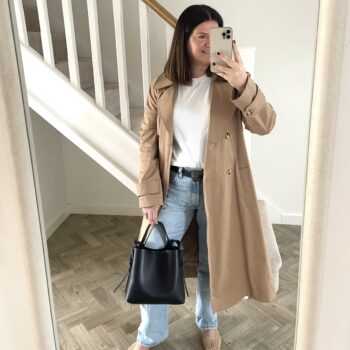 spring outfit of a trench coat, white tee, blue jeans and a black bag