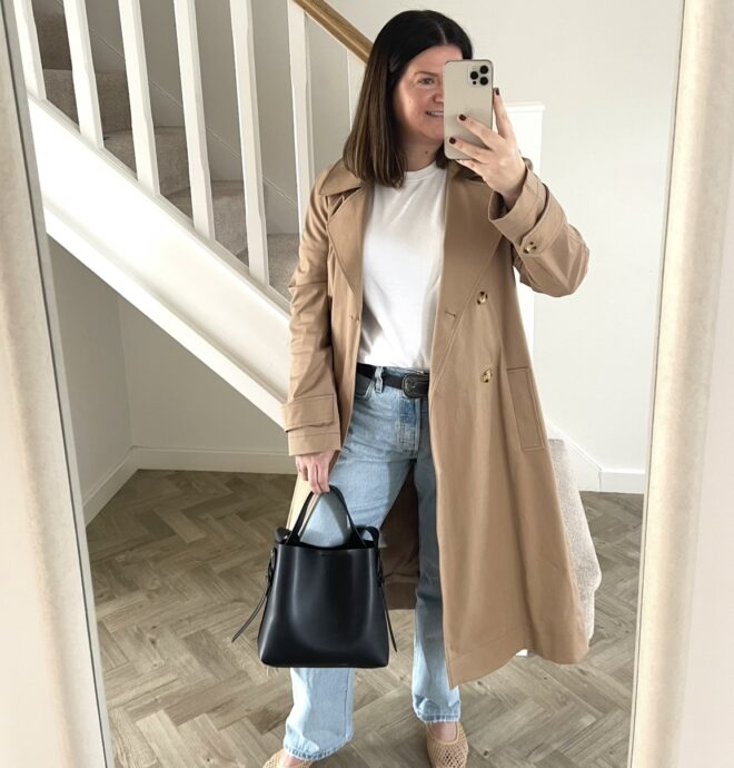 spring outfit of a trench coat, white tee, blue jeans and a black bag